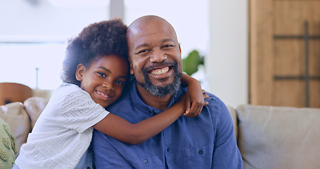 Image showing Black family, hug or portrait of father with child in home to relax on holiday vacation with smile. Support, proud parent or African dad bonding with girl, love or happy kid in living room on sofa