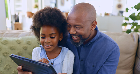 Image showing Dad, daughter and tablet with smile on sofa for games, streaming or elearning in living room of home. Black family, man and girl child with touchscreen, happiness or technology for watching movie