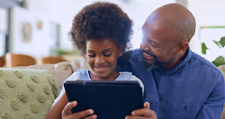 Image showing Father, daughter and tablet with smile on sofa for games, streaming or elearning in living room of home. Black family, man and girl child with touchscreen, happiness or technology for watching movie