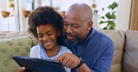 Image showing Dad, daughter and tablet with smile on sofa for games, streaming or elearning in living room of home. Black family, man and girl child with touchscreen, happiness or technology for watching movie