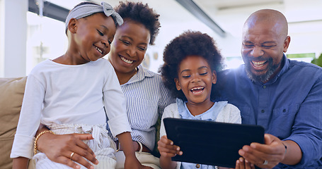 Image showing Black family, parents and kids with tablet or laughing on sofa for games, streaming or comedy in living room of home. People, man and women with touchscreen, happy or technology for watching movie