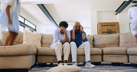 Image showing Children, jump or tired parents with headache on sofa with stress, anxiety or fatigue at home. Family, chaos or frustrated people in living room with hyper kids, burnout or overwhelmed by adhd energy