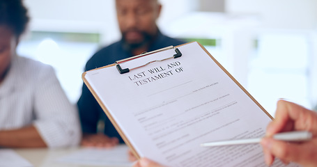 Image showing Black couple, documents and will with lawyer for finance, advice or legal agreement together at home. Closeup of attorney talking to African man and woman with paperwork, testament or form at house