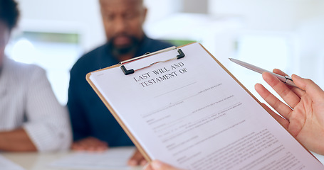 Image showing Hand, will and testament in office by closeup for document insurance of funeral planning for family future. Safety, security and protection for married couple in home with preparation for health