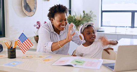 Image showing Child, woman or video call with laptop for education, streaming or home school for distance learning. Black people, mother or daughter for wave by kitchen counter, pc or online class for kindergarten