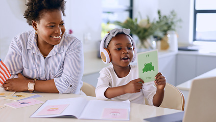 Image showing Animal, mom or child learning on laptop for kindergarten busy with homework or school project at home. Geometric, card or happy mother by a creative girl listening or helping a for development
