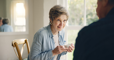 Image showing Happy, coffee or elderly friends in home talking, bonding or enjoying conversation on break together. Smile, support or person in retirement speaking or drinking tea to chat with an senior woman