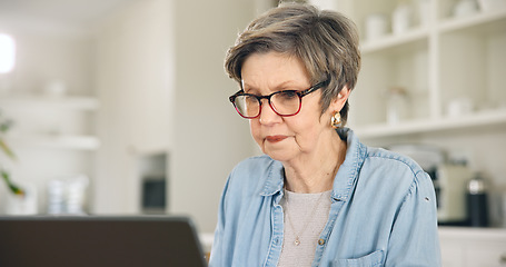 Image showing Elderly woman, search or laptop in home with internet connection for streaming video or movie online. PC, blog or senior person reading news on social media typing on technology for communication