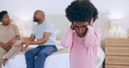 Image showing Scared kid, angry parents or divorce in fight or home bedroom with stress, black family conflict or breakup. Mother in argument, dad or girl child with fear, anxiety or trauma from emotional crisis
