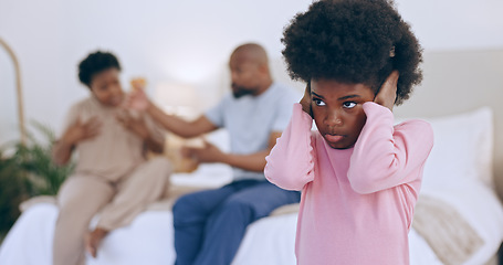 Image showing Child, close ears and parents fighting in bedroom, argue and shout for crisis, disagree and angry. Divorce, trauma and mental health issue for kid, frustrated and fear of quarrel and scared at home