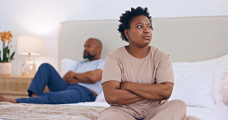 Image showing Frustrated black couple, ignore and bed in divorce, fight or conflict for argument or disagreement at home. African woman and man in bad marriage, toxic relationship or breakup in bedroom dispute