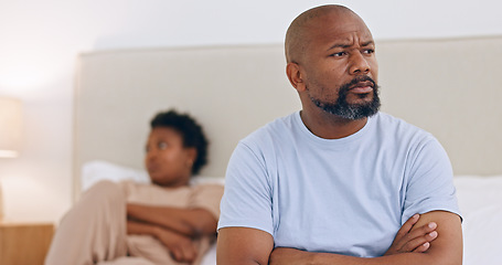 Image showing Black couple, divorce and angry in home with conflict, fight or thinking about affair and heartbreak. African, man or frustrated with arms crossed in bedroom with stress, problem or fail in marriage