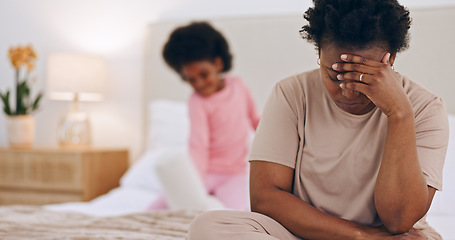 Image showing Frustrated mother, headache or child on bed in stress, anxiety or mental health at home. Tired African mom or single parent in depression, mistake or burnout with ADHD kid playing in bedroom at house