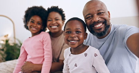 Image showing Portrait, selfie and black family parents, happy kids or people bonding, love and care in memory photo. Home face, photography and African children, father and mother support, relax or smile together