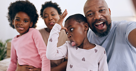 Image showing Portrait, funny selfie and black family parents, happy children or people bond, love or care in memory photo. Home face, photography or profile picture of kids, dad and mom pose with crazy tongue out