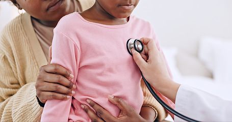 Image showing Closeup, child and stethoscope for examination in home for health, wellness or care. Medical professional, doctor and listen to heart, lungs or breathing for illness, virus and respiratory system