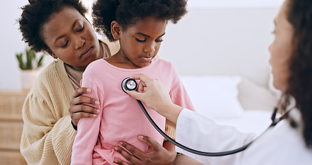 Image showing Doctor, little girl and stethoscope for examination in home for health, respiratory system and wellness. Mother, kid and support with paediatrician for listen to heart, lungs or breathing for problem