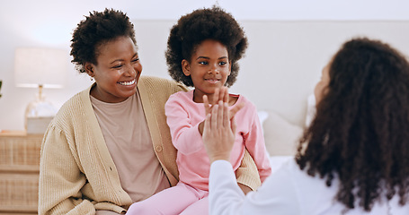 Image showing Mother, daughter or doctor and high five or happiness in bedroom with support, trust and healthcare. Black family, women or pediatrician with success or smile for wellness and health results
