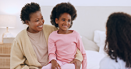 Image showing Happy family, child and doctor for examination in home for diagnosis, wellness or result in health. Mother, little girl and smile for consultation with medical professional for checkup by medicare