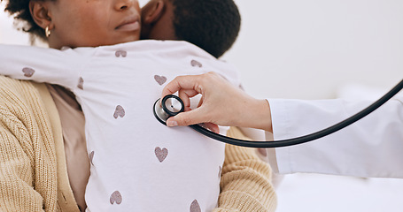 Image showing Stethoscope, doctor and black mother with child, healthcare and checkup with appointment and lung breathing exercise. African mama, medical and professional with sick kid, asthma or pediatrician care