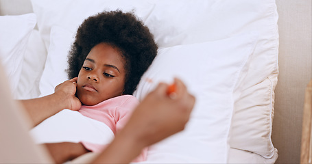 Image showing Hands, bedroom and sick with child, parent or thermometer with care, checking fever or temperature. Home, mother or girl with flu for cold, bed or monitoring for illness, health or virus with support