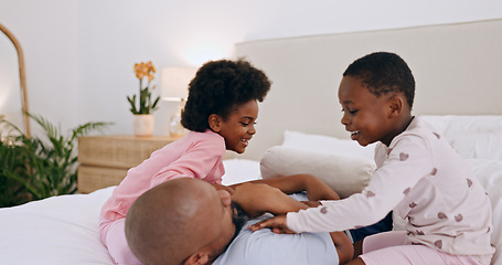 Image showing Bedroom, play and black family father, happy kids or people bonding, love and daughter tickle papa. Home wellness, happiness and African children, dad and parent smile, comfort and fun games on bed