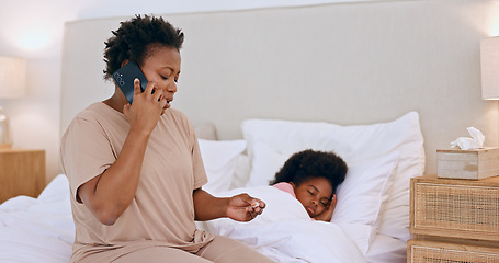 Image showing Sick, child and mom with phone call to doctor with thermometer and telehealth advice. Covid, virus and mother with healthcare, consultation or contact pediatrician in home for opinion or appointment