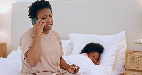 Image showing Sick, child and mom with worry and phone call to doctor with thermometer and telehealth advice. Flu, virus and mother stress with healthcare, consultation or contact with pediatrician in home