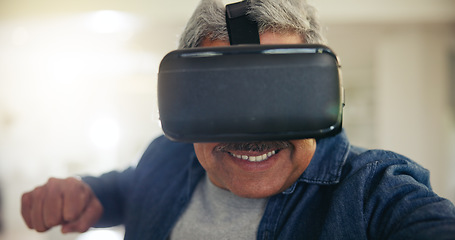 Image showing Happy man, interactive and game with vr glasses in home for fun, playing or adventure online in retirement. Mature person, smile and futuristic for technology, metaverse or app with streaming service