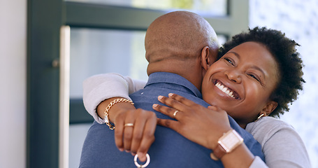 Image showing Couple, hug and key in new home or happy for real estate, property investment or celebration by front door. Black people, man and woman with embrace for fresh start, achievement and mortgage or smile