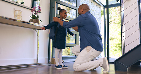 Image showing Back to school, getting ready and a girl student with her dad in their apartment together to say goodbye. Black family, kids and a man parent helping his daughter with her backpack while leaving home