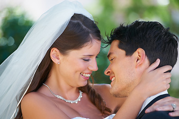 Image showing Nature, bride and groom embrace at wedding with smile, love and commitment at reception. Garden, face of woman and man hugging at marriage celebration with happiness, loyalty and future together.