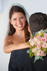 Image showing Portrait, couple embrace at wedding with smile, love and commitment at fun reception together. Romance, face of woman and man hugging at marriage celebration with happiness, loyalty and laughing.