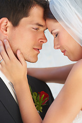Image showing Face, bride and groom embrace at wedding with smile, love and commitment for couple at reception. Romance, woman and man hugging at marriage celebration with happiness, loyalty and future together.