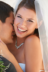 Image showing Portrait, happy woman and man embrace at wedding with smile, love or commitment for couple at reception. Romance, bride and groom hugging at marriage celebration with fun, loyalty and future together