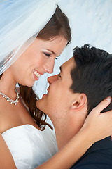 Image showing Face, bride and groom embrace at wedding with smile, love and commitment for couple at reception. Romance, man and woman hugging at marriage celebration with happiness, loyalty and future together.