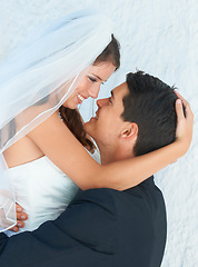 Image showing Face, woman and man hug at wedding with smile, love and commitment at luxury reception event. Romance, bride and groom embrace at marriage celebration with happy couple, loyalty and future together.