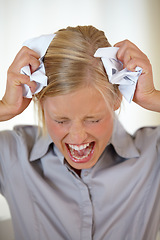 Image showing Business woman, stress and screaming or angry, burnout and mental health or depression, mad and fail. Female person, frustrated and crumpling papers in hands, noise and shout for mistake in office