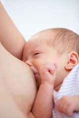 Image showing Closeup, woman and baby for breastfeeding in home for hunger, food and wellness in health. Love, bonding and relationship in motherhood with nutrition in childcare for growth, development and future