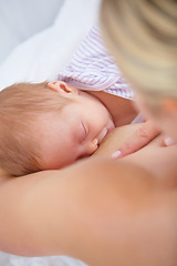 Image showing Closeup, woman and baby for breastfeeding in bedroom for hunger, food and nutrition in health. Motherhood, love and bonding in relationship for care, trust or support of growth, development or future