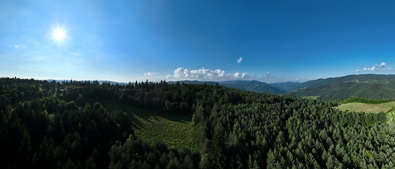 Image showing Aerial view of mountain peaks and fresh green grass on a sunny summer day