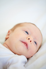 Image showing Closeup, baby and face for wake up on bed from good dream, sleep or nap in nursery. Infant, looking and relaxing on pillow for child growth, cognitive and development in hope for milestone of future