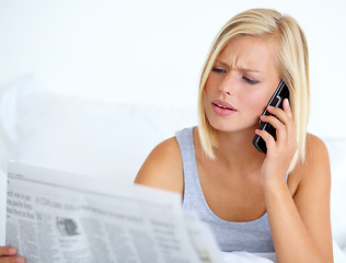 Image showing Phone call, newspaper and woman with reading, conversation and internet with connection, home and information. Person, apartment and girl with a smartphone, contact and bedroom with communication