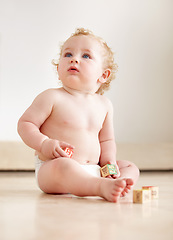 Image showing Baby, boy and building blocks on a floor for learning, playing or having fun in a nursery room. Little, cute and curious kid relax with toy for child development, coordination or educational skills