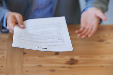 Image showing Documents, hands and business with man, resume and conversation with job interview, recruitment and thank you. Person, closeup and employee with paperwork, hiring and welcome with human resources