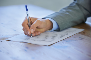 Image showing Closeup, writing and business with man, paperwork and insurance with signature, contract and application. Person, employee or worker with hands and checklist with compliance, resume or agreement