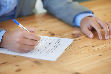 Image showing Hands, writing and paperwork for employment application or insurance with signature, checklist or sign. Person, consultant or worker with pen, agent or contract with documents, policy or man