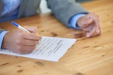 Image showing Hands, writing and document with employment application, man and employee with insurance, signature and contract. Person, consultant or worker with pen, agent and checklist with compliance or policy