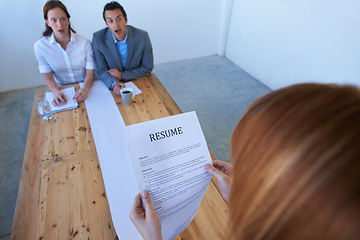 Image showing Business people, recruitment and job interview with resume, surprise and conversation in a workplace. Staff, recruiter and manager with employee, paperwork and shocked with wow, documents or reaction