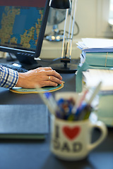 Image showing Travel agency, computer and hands of person in office for working on project, planning and research. Professional, worker and closeup of worker with mouse for online website, internet and report